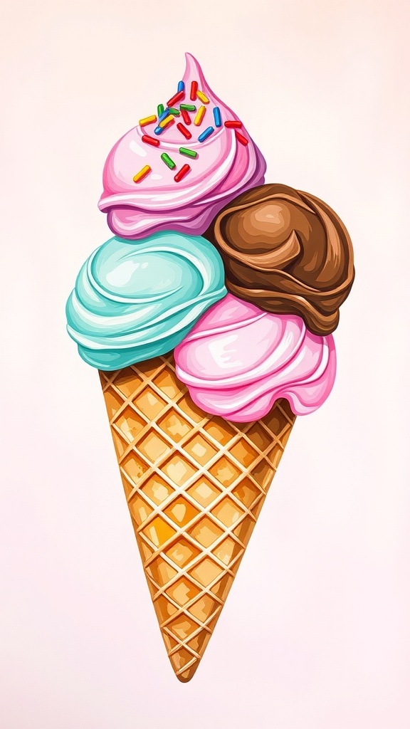 A colorful ice cream cone painting with three scoops and a textured cone on a pastel background.